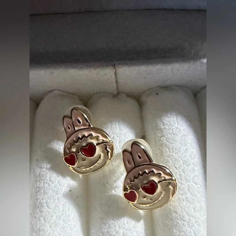 14K Gold Labubu Pink w Heart Sunnies Theme Enamel Stud Earrings Kawaii Boutique - Picture 6 of 7